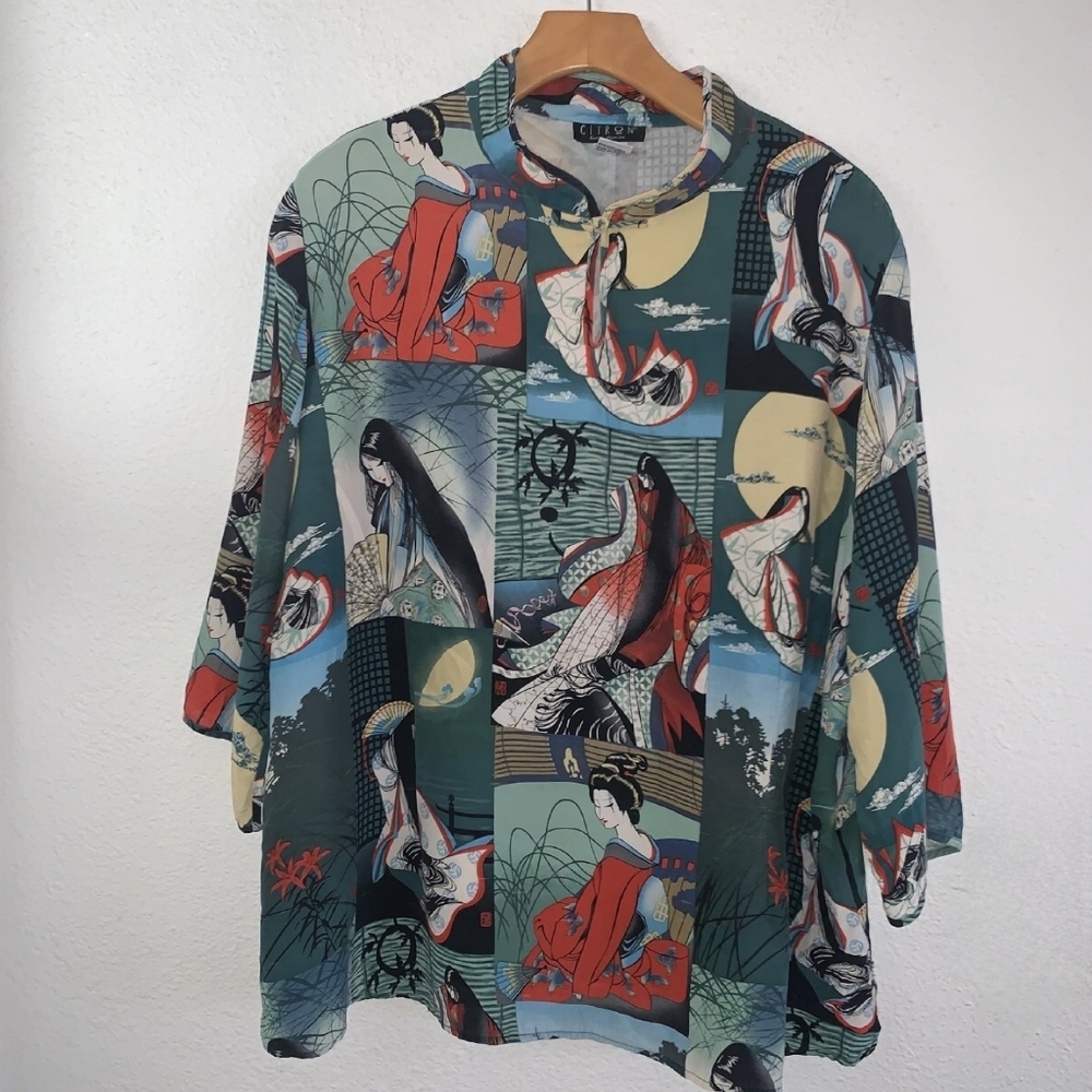 CITRON Silk Kimono Style Blouse Top Asian Geisha Print Green